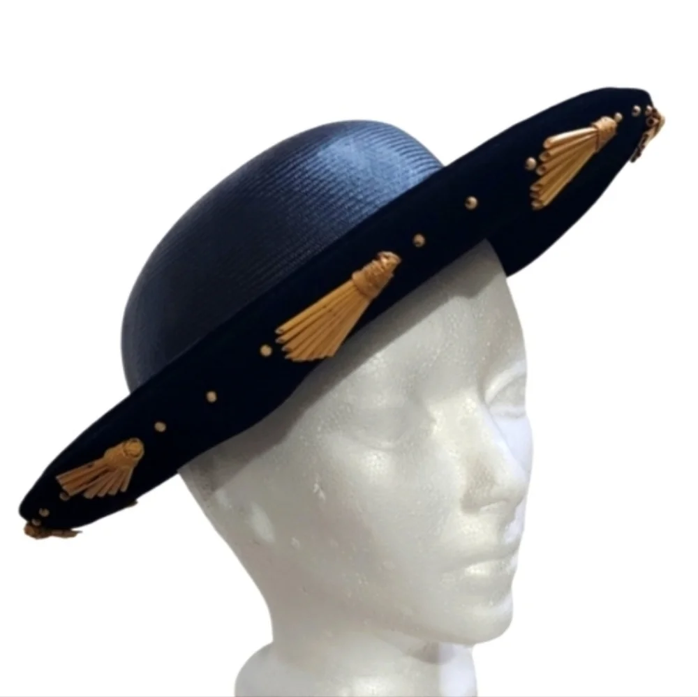 Stephen Anne Custom Black Velvet Straw Hat Wide Brim Gold Tassel Trim